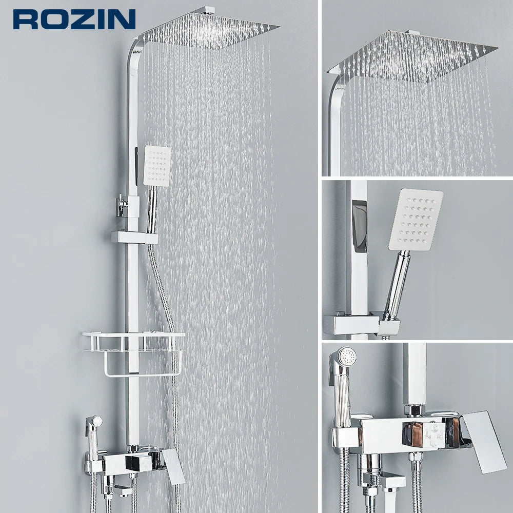 Rainfall Bathroom Shower Faucet Kit With Bidet Wall Mounted Stainless Steel Hot Cold Water Mixer Tap System With Rack,Tub Spout