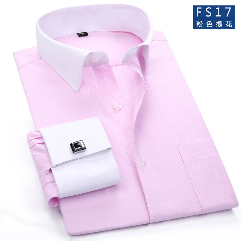 Camisa clásica de vestir para hombre con puños franceses, corte estándar, manga larga, para bodas, fiestas, oficina, trabajo, color blanco