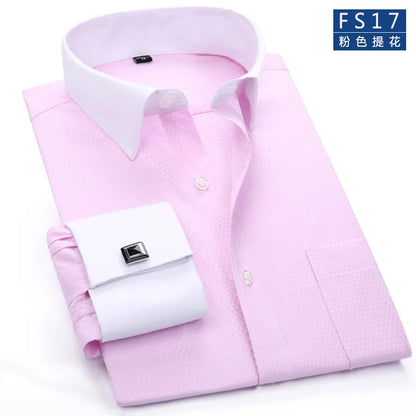 Camisa clásica de vestir para hombre con puños franceses, corte estándar, manga larga, para bodas, fiestas, oficina, trabajo, color blanco