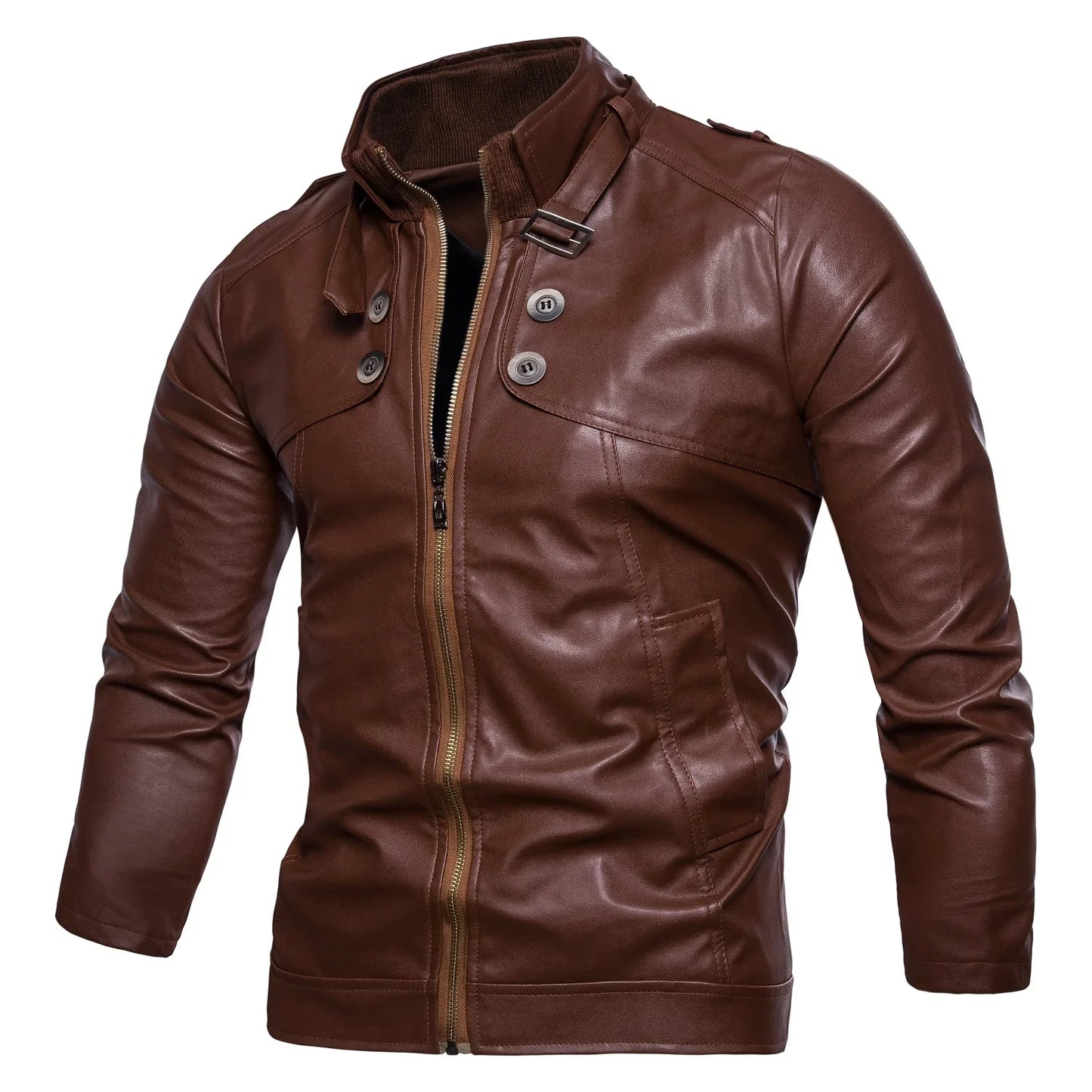 Autumn New Men's Casual Fashion Standing Neck Slim Fit PU Leather Jacket Solid Leather Jacket Men's Windproof Motorcycle