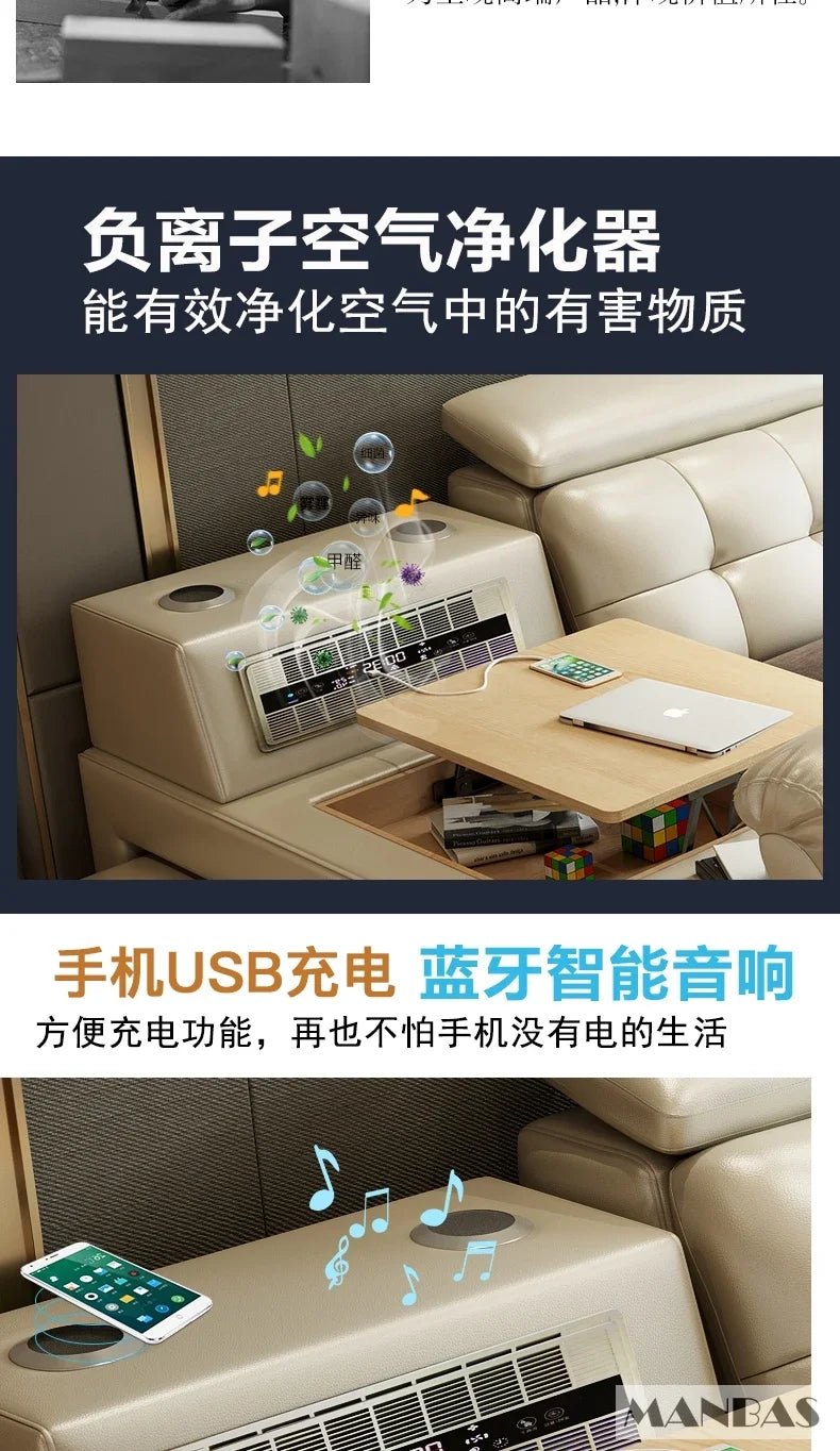MINGDIBAO Massage Bed with Ultimate Comfort and Genuine Leather Multifunctional Frame - Bluetooth Speaker, Safe Air Cleaner, USB