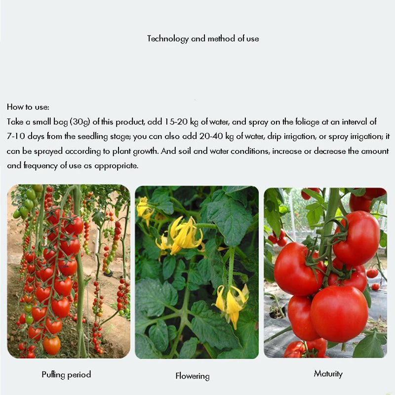 Fertilizante foliar especial para tomates, anticorrosivo, soluble en agua, que conserva flores y frutos, y complementa la nutrición.