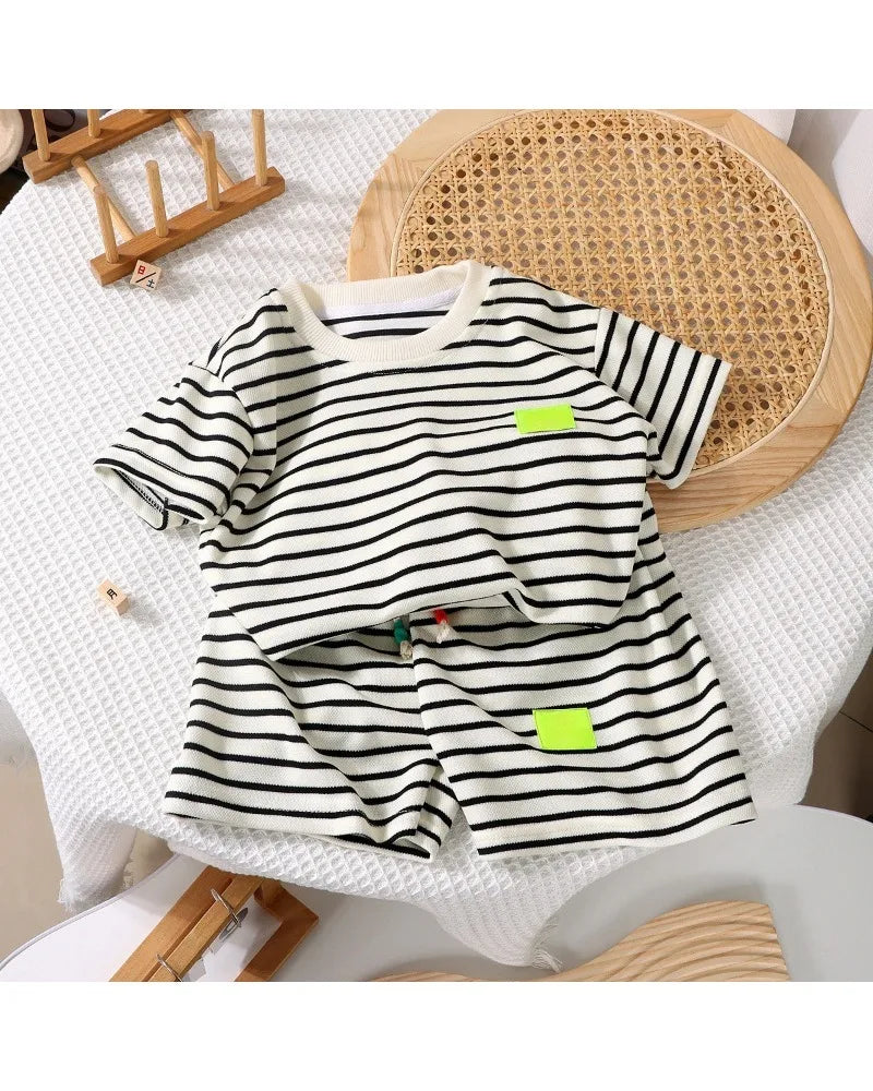 2Pcs Fashion Children Short Sleeve Shorts Sets Summer Kids Clothes Boys Baby Cotton Tee Pant Outfits Black and White Stripe