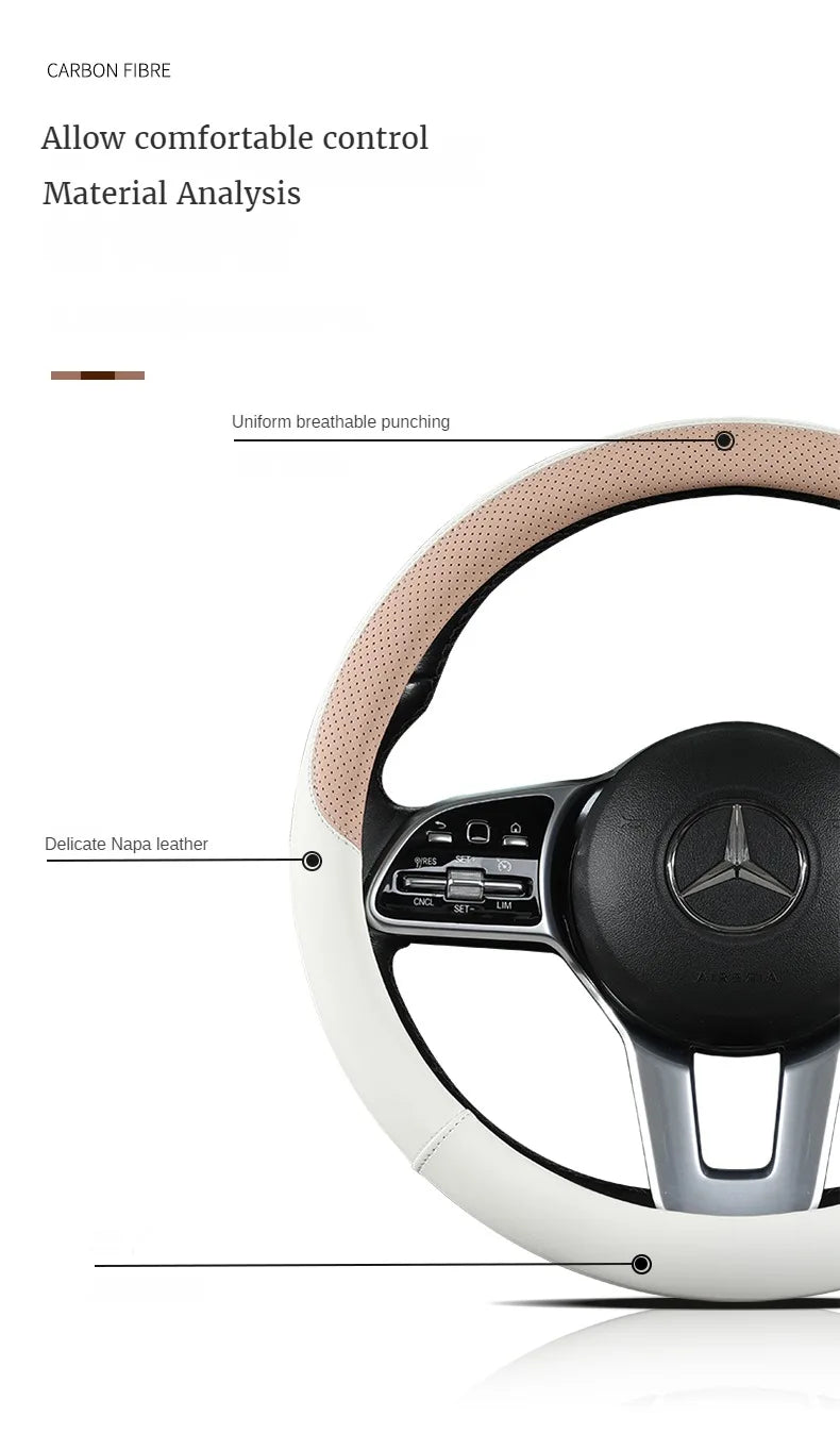 Perforated Nappa Leather Car Steering Wheel Cover Warm in Winter and Cool in Summer, Universal 15 Inch,  Anti-Slip, Odorless