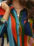 Women's Plus Size Colorful Geometric Print Casual Front Button Long Sleeve Shirt Beach Vacation Bikini Cover-Up