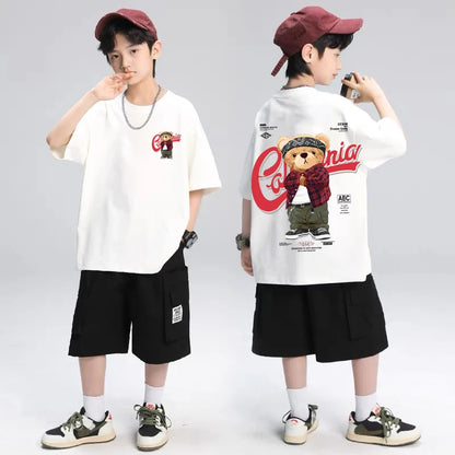 2025 Children's Clothing American Vintage Bear Print Graphic T Shirts Boys Summer Cotton Short-sleeved T-shirt Tops Streetwear