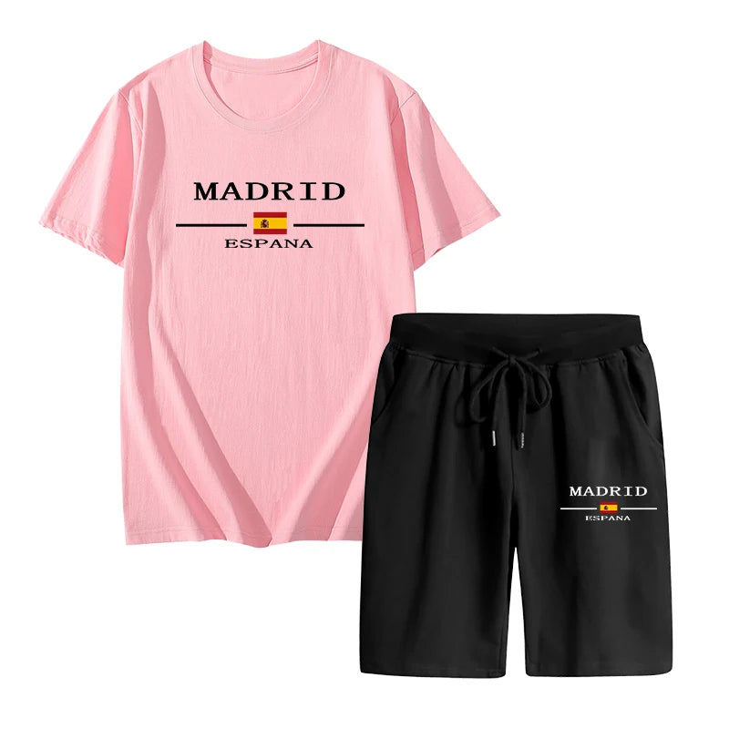 Madrid Spain Pattern T-shirts 2pcs Set High Quality Pure Cotton Tops and Quick Dry Shorts Mens Casual Sports Football Suits