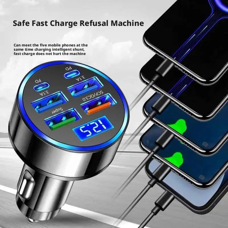 300W PD Car Charger 6 Ports Fast Charging QC3.0 USB C Car Phone Charger Type C Adapter Dual PD Super Fast with Digital Display