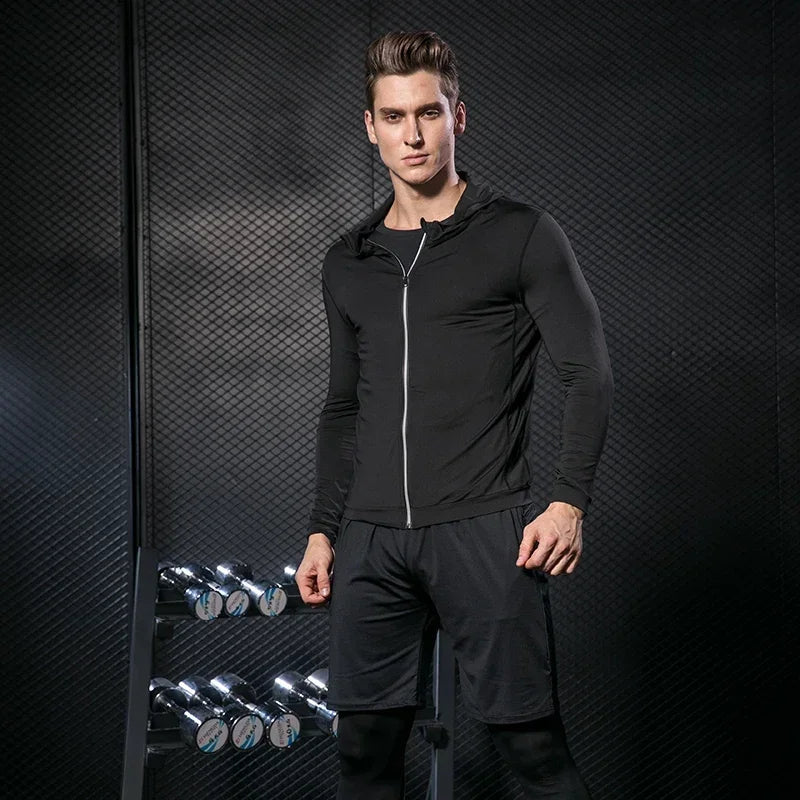 Conjunto de ropa deportiva de compresión Rashguard para hombre, mallas para correr, gimnasio, entrenamiento, camiseta, cortavientos y leggings 