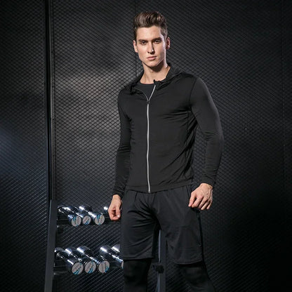 Conjunto de ropa deportiva de compresión Rashguard para hombre, mallas para correr, gimnasio, entrenamiento, camiseta, cortavientos y leggings 