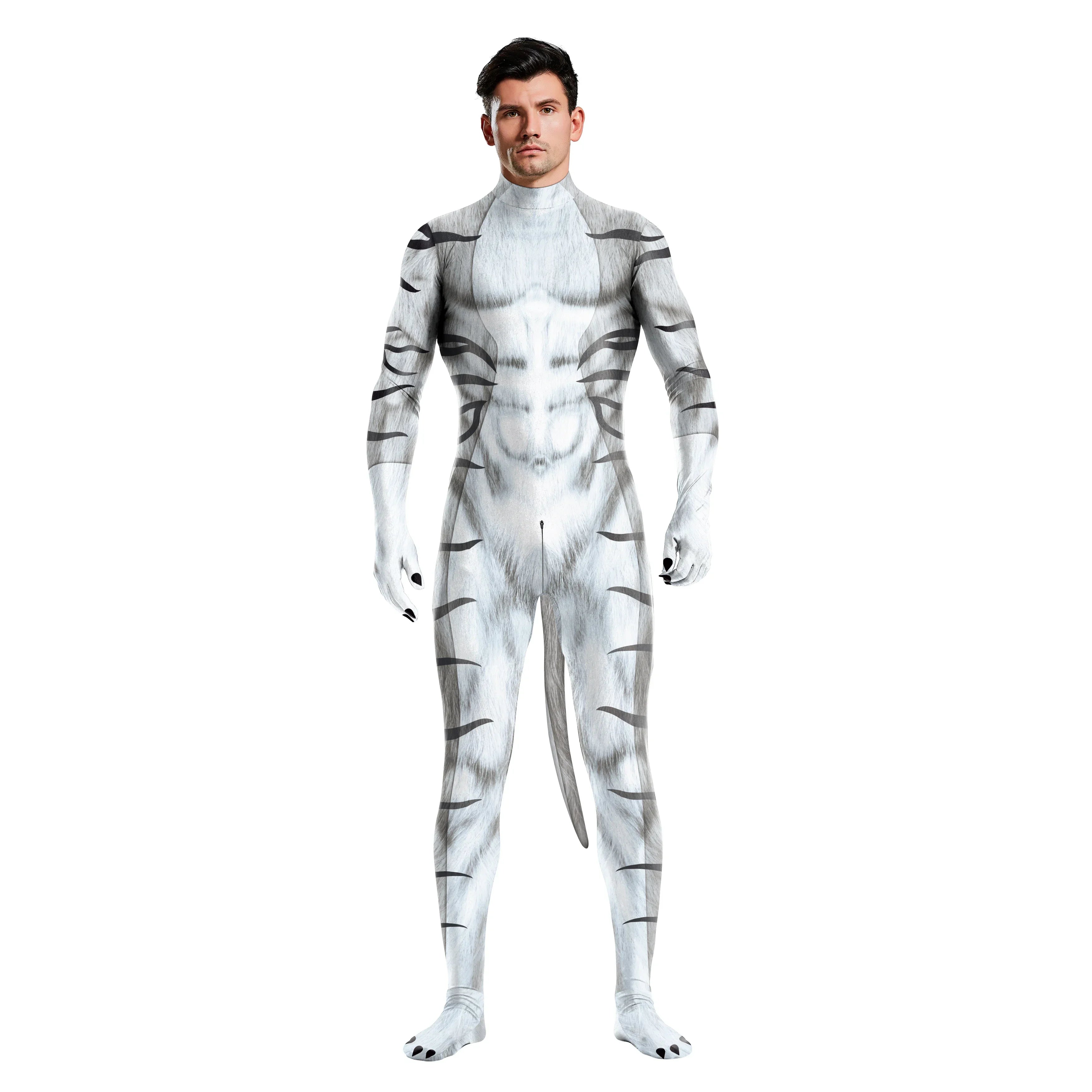 Zawaland Tiger Leopard Cheetah Petsuit for Men Animal Disguise Costume Crotch Zipper Zentai Halloween Carnival Full Bodysuits