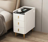 Nordic Style Intelligent Solid Wood Bedside Table Faux Leather 3 Drawers Nightstands with Wireless Charging Side Storage Cabinet