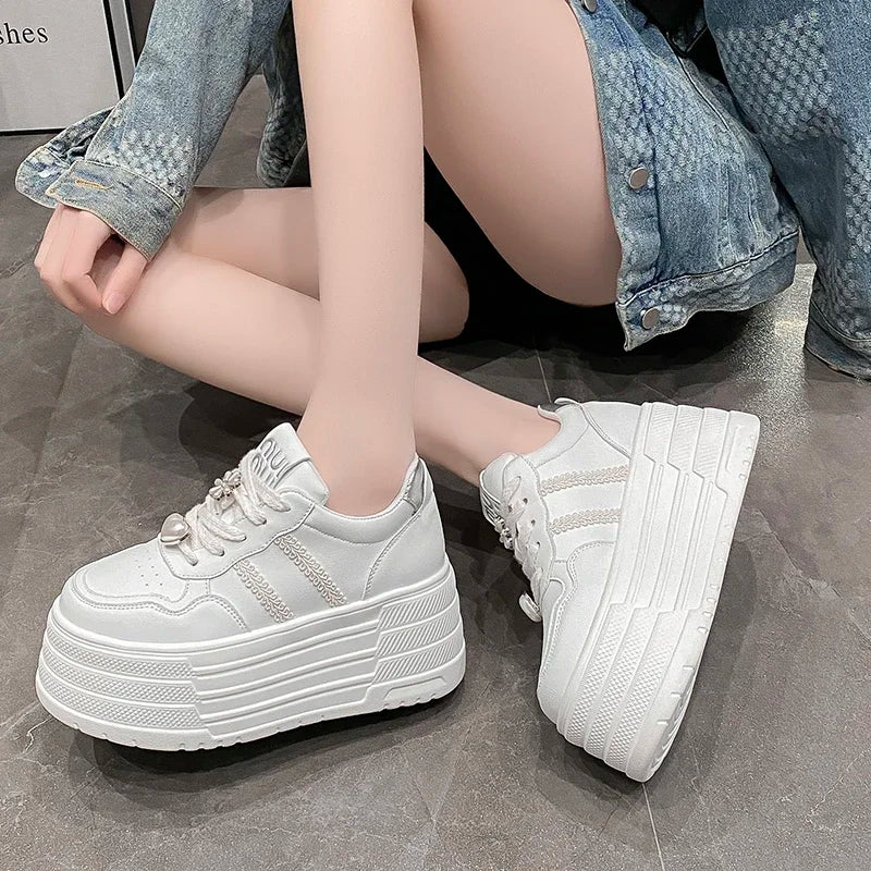8cm Leather Flats Casual Dad Shoes Chunky Sneakers 2025 Women Platform Sports Shoes Ladies Skateboard Hidden Heels Shoes Tennis