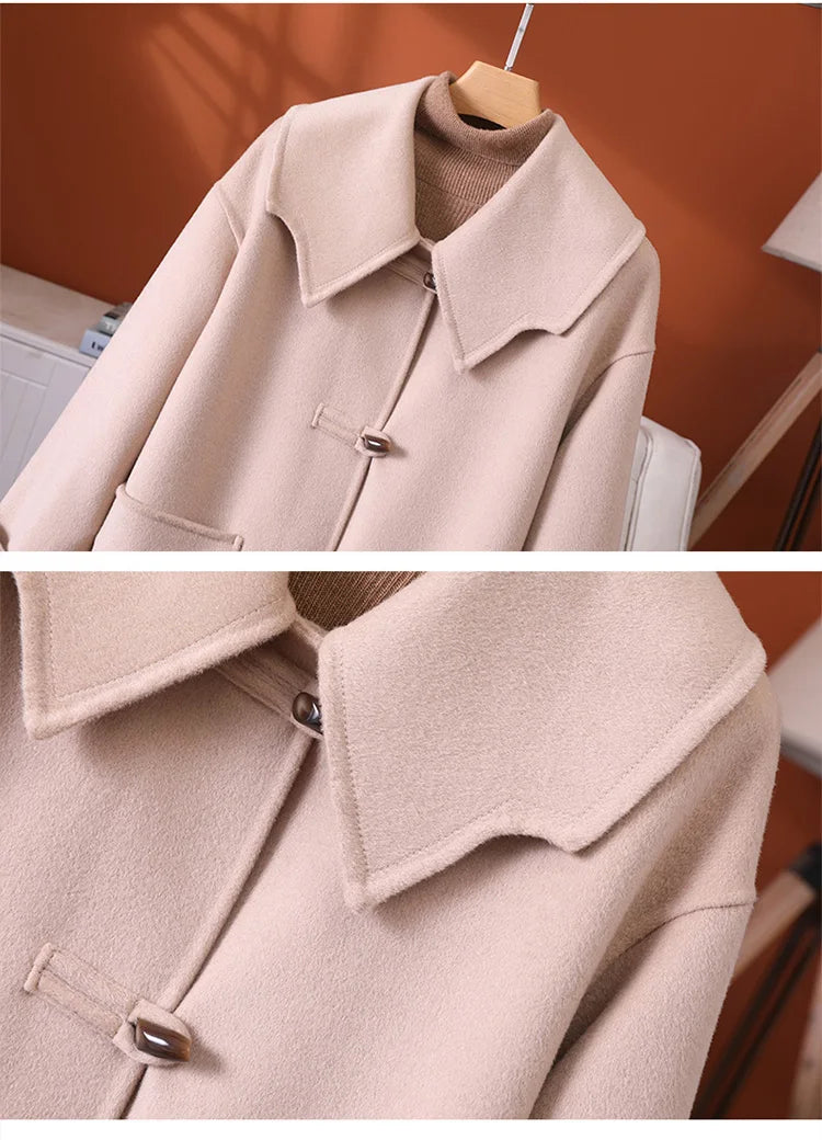2025 Fashion Large Lapel Horn Button Women's Coat Autumn and Winter New Double-Sided Woolen 100%Pure Wool Warm Coat Large Pocket