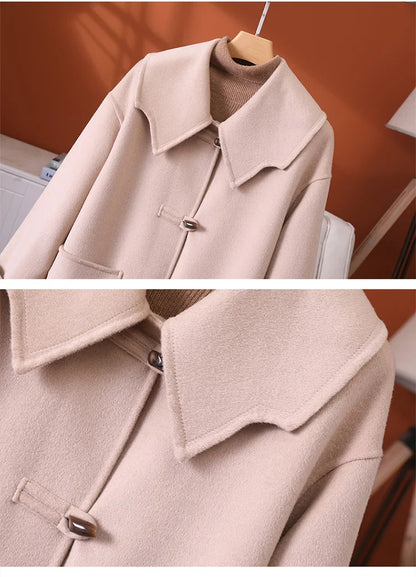 2025 Fashion Large Lapel Horn Button Women's Coat Autumn and Winter New Double-Sided Woolen 100%Pure Wool Warm Coat Large Pocket