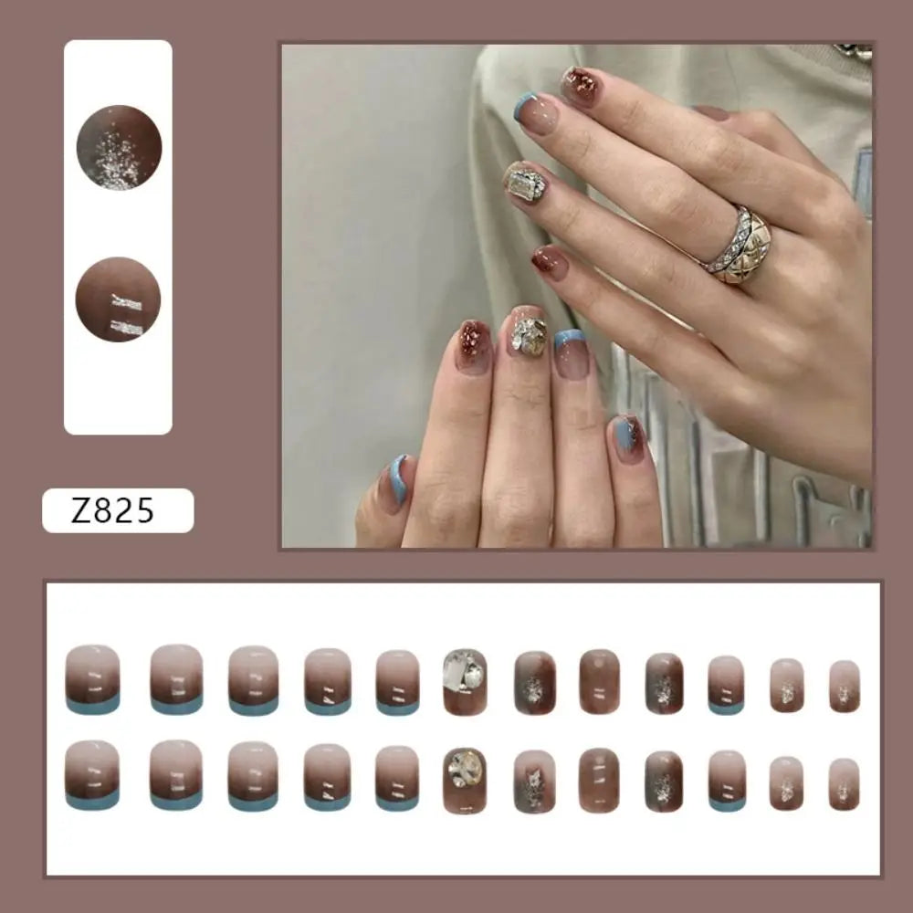 24Pcs/Box Aurora False Nail Detachable Short Round Fake Nails for DIY for Salon French Nail Tips Full Cover Press On Nails