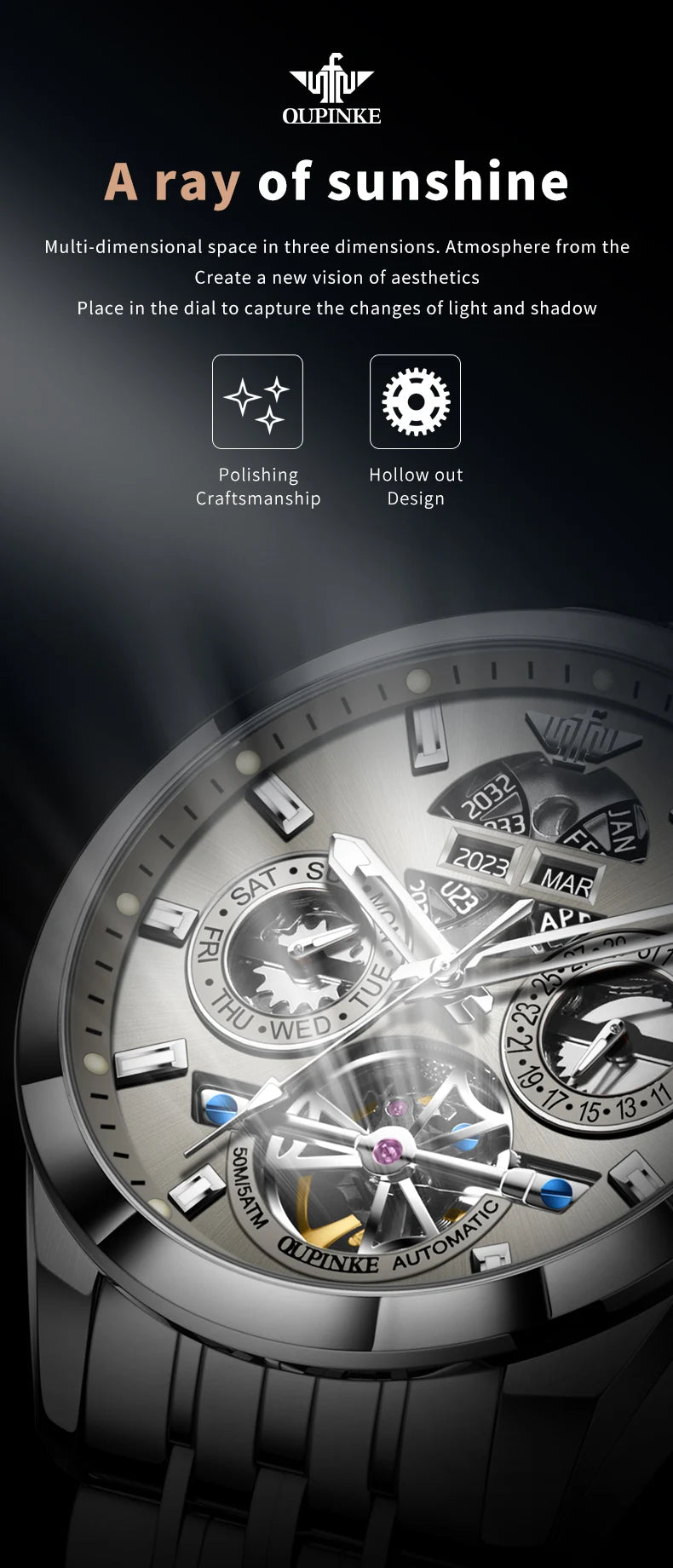 OUPINKE 3251 Skeleton Flywheel Automatic Watch for Men Stainless Steel Waterproof Wristwatch Luxury Sapphire Mirror Men's Watch