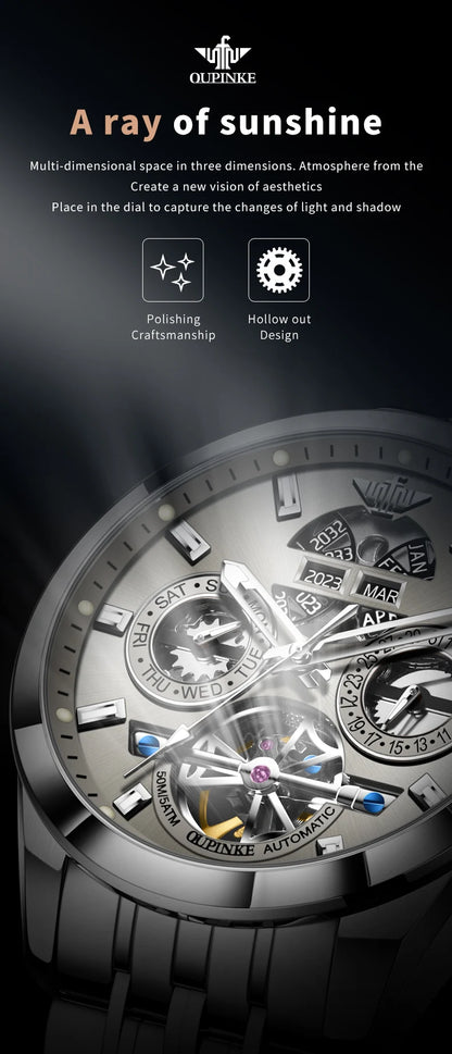 OUPINKE 3251 Skeleton Flywheel Automatic Watch for Men Stainless Steel Waterproof Wristwatch Luxury Sapphire Mirror Men's Watch