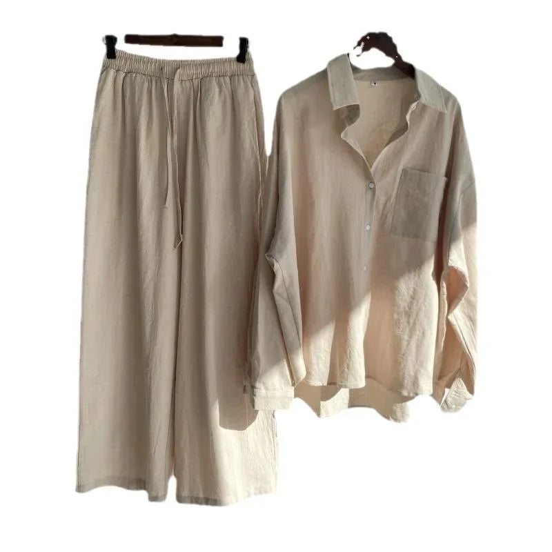 Plus size 2024 amazon mais vendido feminino vintage plus size algodão camisa de linho terno cintura alta solto ajuste calças 2 peça conjunto