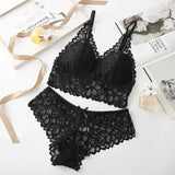 Conjunto de ropa interior de encaje sexy para mujer, sujetador sin costuras y sin aros, conjuntos de sujetador y bragas ahuecados para mujer, lencería íntima bordada