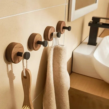 Self-adhesive New Simple Solid Wood Hook Walnut Hanging Hanger Bathroom Wall Hook Bedroom Coat Storage Rack Home Towel Key Decor