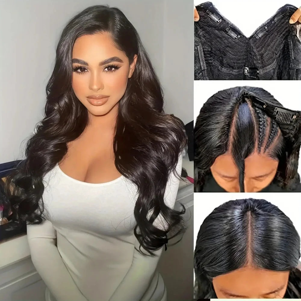 Peruca V-part cabelo humano ondeulado body wave-sem cola glueless