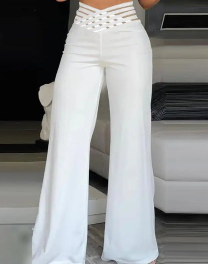 Fashion Office Ladies Trousers Elegant Crisscross Sheer Mesh Patch Casual High Waist Flared Pants for Women Clothes 2023 Summer