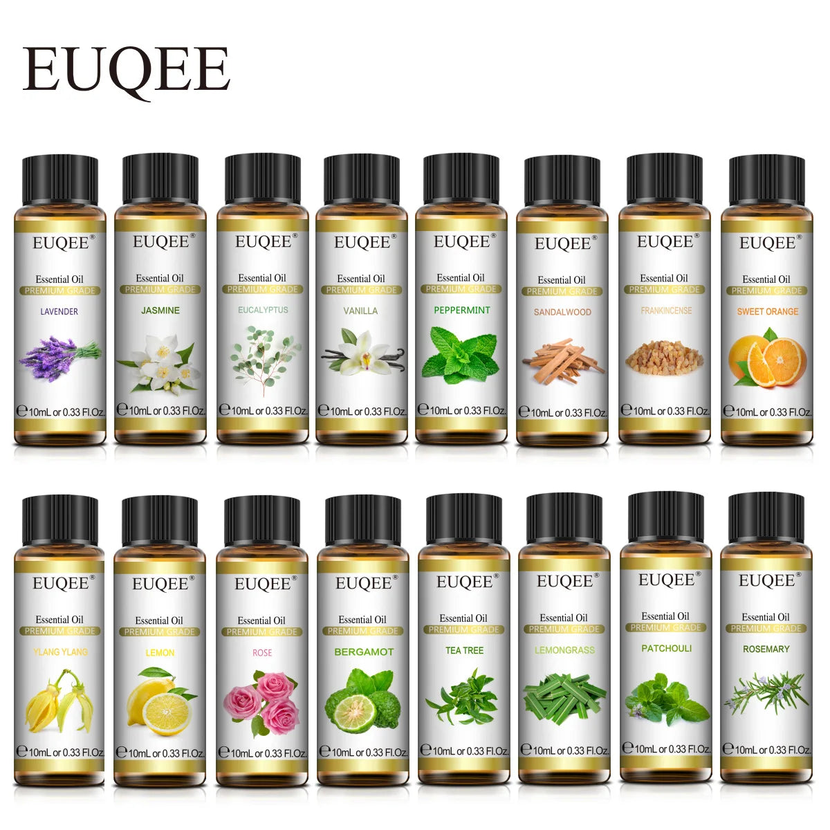 Óleo Essencial Natural de Plantas EUQEE 10ml com Conta-gotas para Difusor e Umidificador – Lavanda, Jasmim, Eucalipto e Baunilha