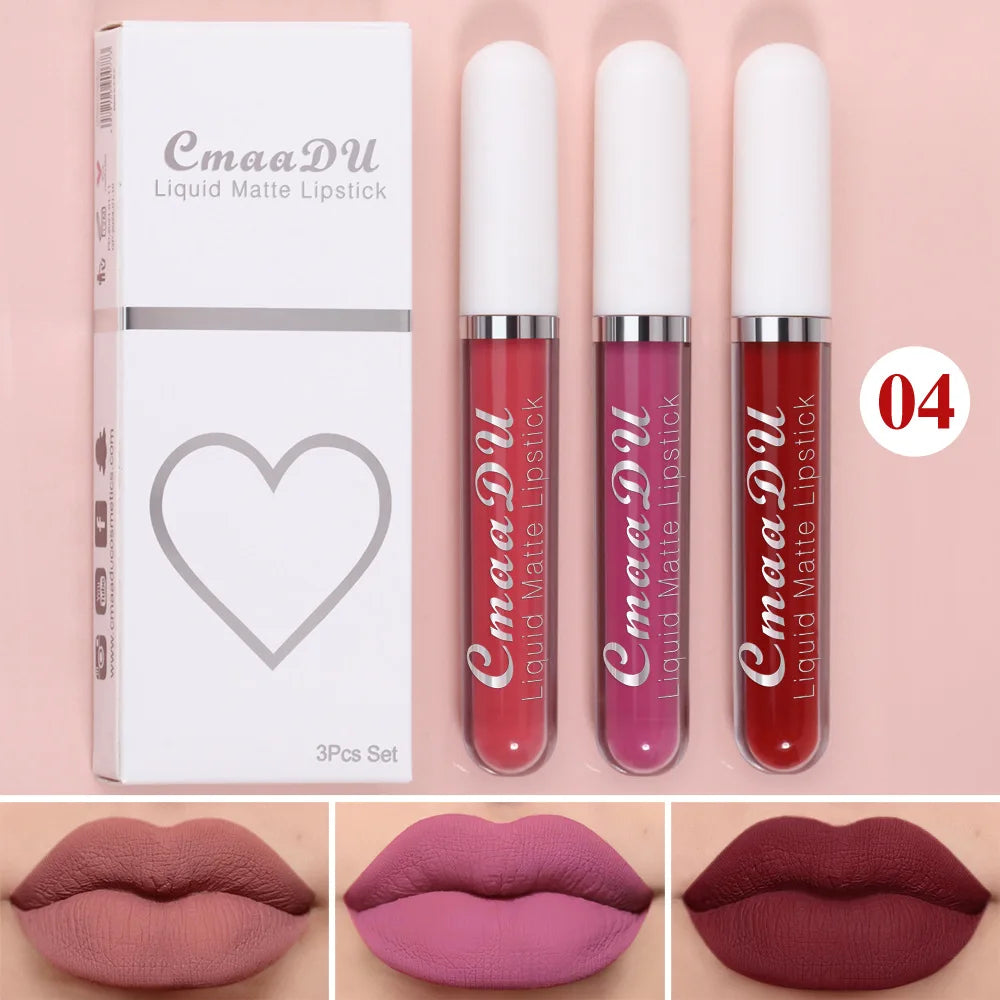 Juego de 3 brillos labiales de terciopelo mate, resistentes al agua, de larga duración, líquidos, cosméticos, maquillaje que dura 24 horas.