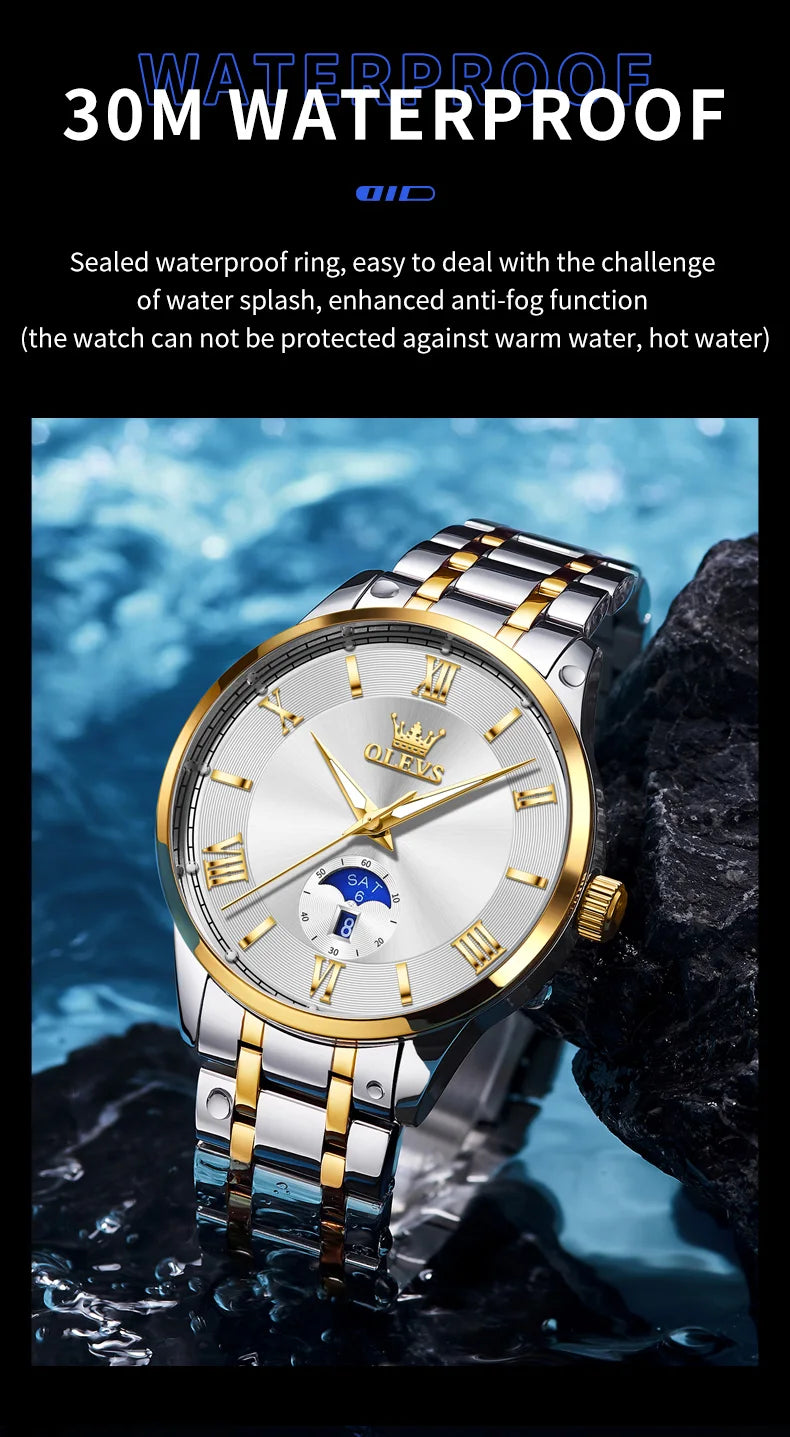 OLEVS 3638 Mens Watch Original Quartz Watch Stainless Steel Waterproof Luminous Large Dial Day Date Watches Luxury Men Box Reloj