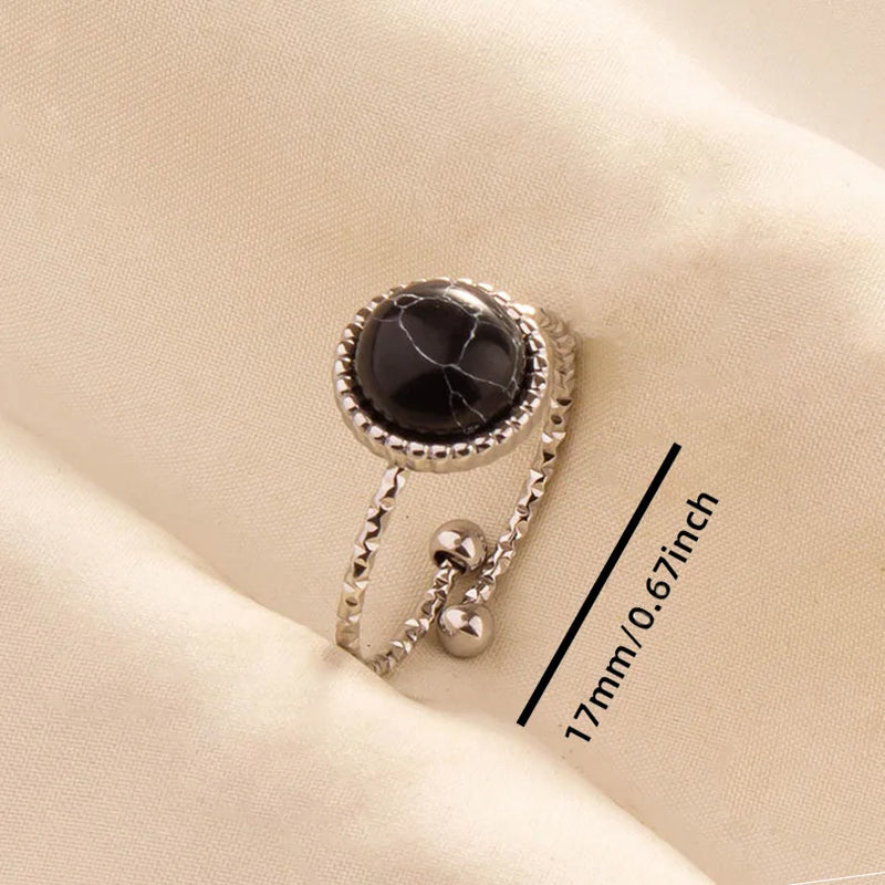 1pc Boho Turquoise Ring Stainless Steel Black Stone Silver Color Adjustable Ring Women Ethnic Ring Bohemian Jewelry Gift No Fade