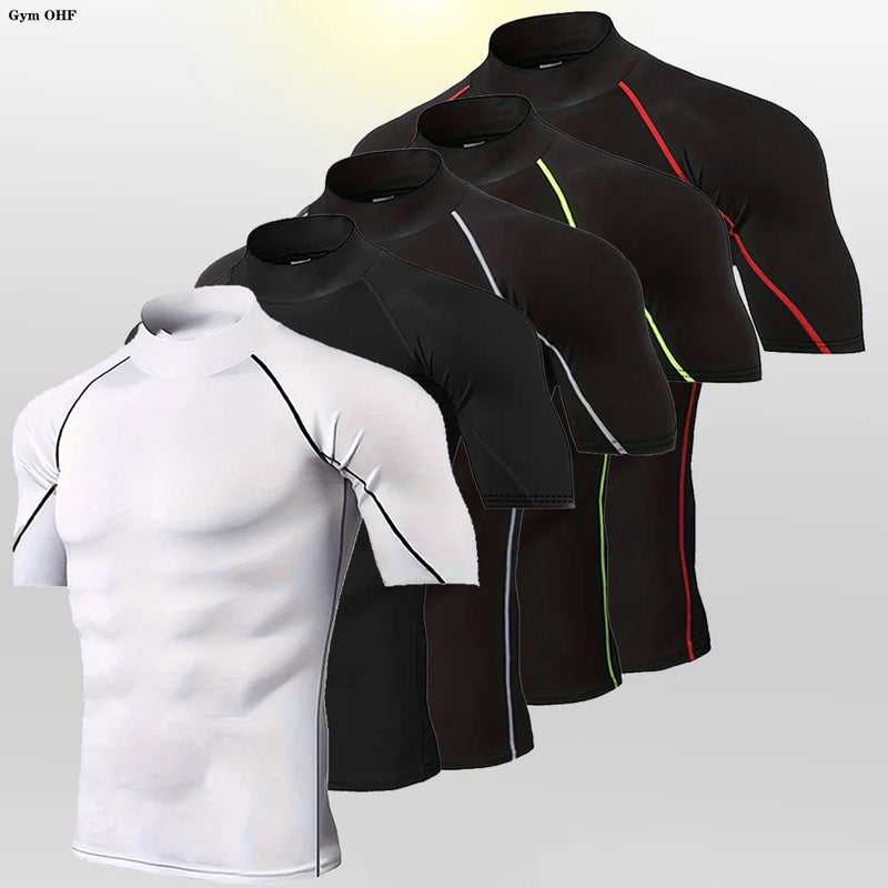Novas camisetas esportivas masculinas de pescoço alto ginásio rápido fitness correndo compressão topos casual ao ar livre camisa masculina roupas de proteção solar