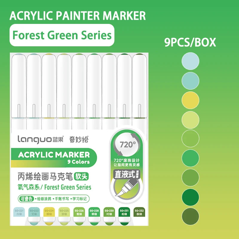 Languo 9pcs/box Soft Brush Acrylic Marker Pen Set, DIY Hand Drawn, Paint Art Markers pens, Student Graffiti Acrylic Paint Pens, M720