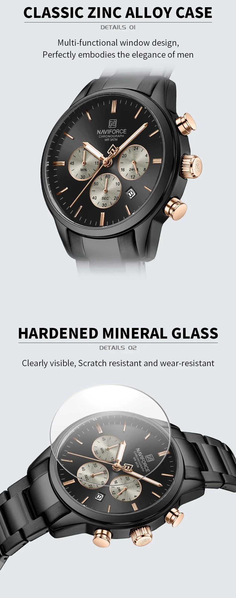NAVIFORCE NF8076 Sports Watches for Men Stainless Steel Strap Quartz 3ATM Waterproof Shockproof New Fashionable Watch