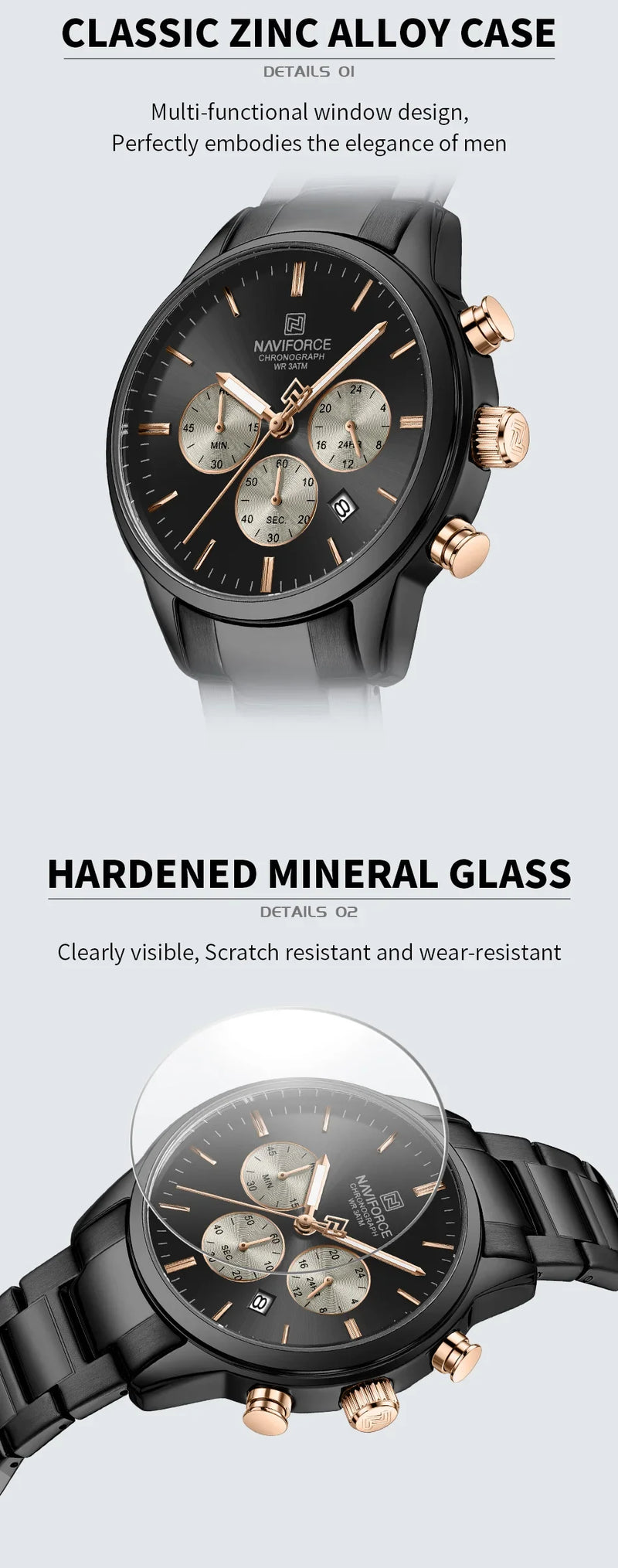 NAVIFORCE NF8076 Sports Watches for Men Stainless Strap Quartz 3ATM Waterproof Shockproof New Fashionable Clock