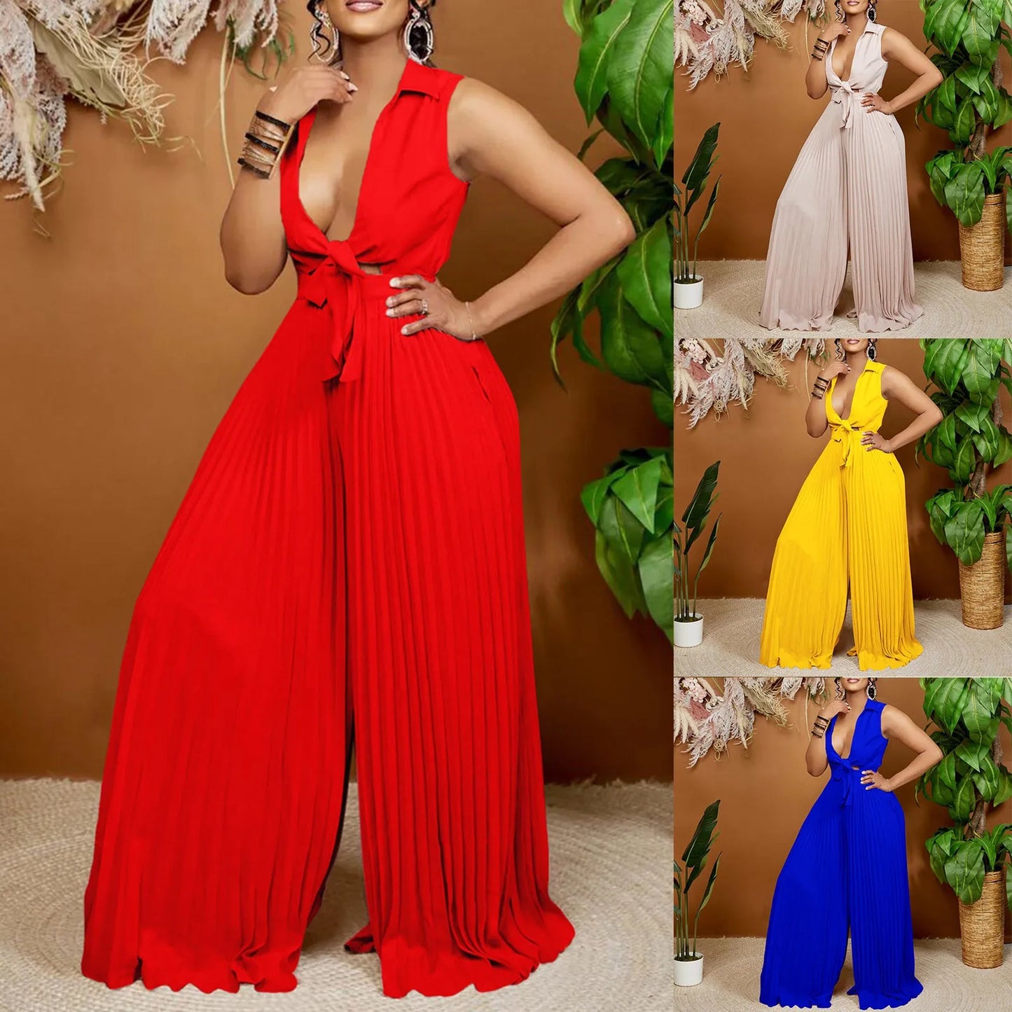 Elegant Jumpsuits &amp; Rompers Pleated For Women Pleated Turn Down Collar V Necl Sleeveless Floor Length Female Birthday Overalls