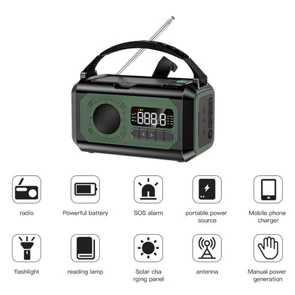 Radio multifunción solar de 12000 mAh con manivela, radio meteorológica de emergencia, lámpara de lectura, banco de energía, alarma SOS para acampar, senderismo, tiendas de campaña