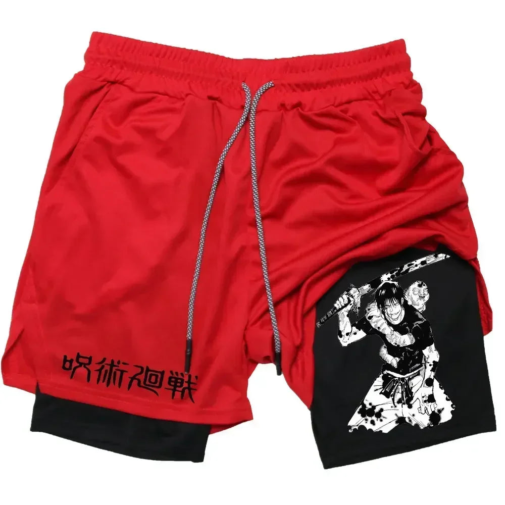 Men's Sports Shorts Anime Performance Shorts Printed Men GYM Casual Sport Compression Shorts Workout Running Mesh 2 in 1 Shorts