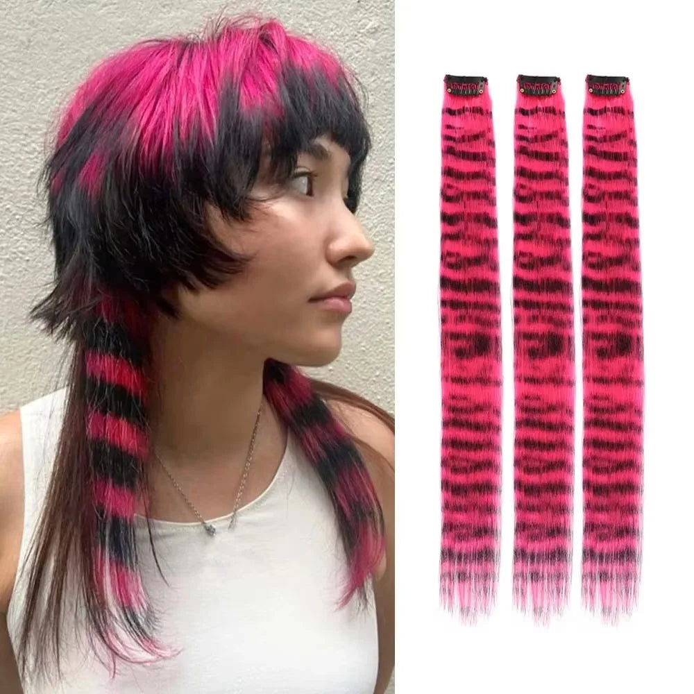 New Stripe Printed Clip-in Hair Extensions Synthetic Straight Hair Highlights Colorful 18 Inch Wig Hairpieces for Girls