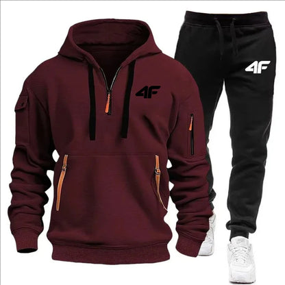Men's tracksuit zipper hood multi-pocket and protective pants casual jogging tracksuit fall/winter 2-piece setLarge size S-3XL
