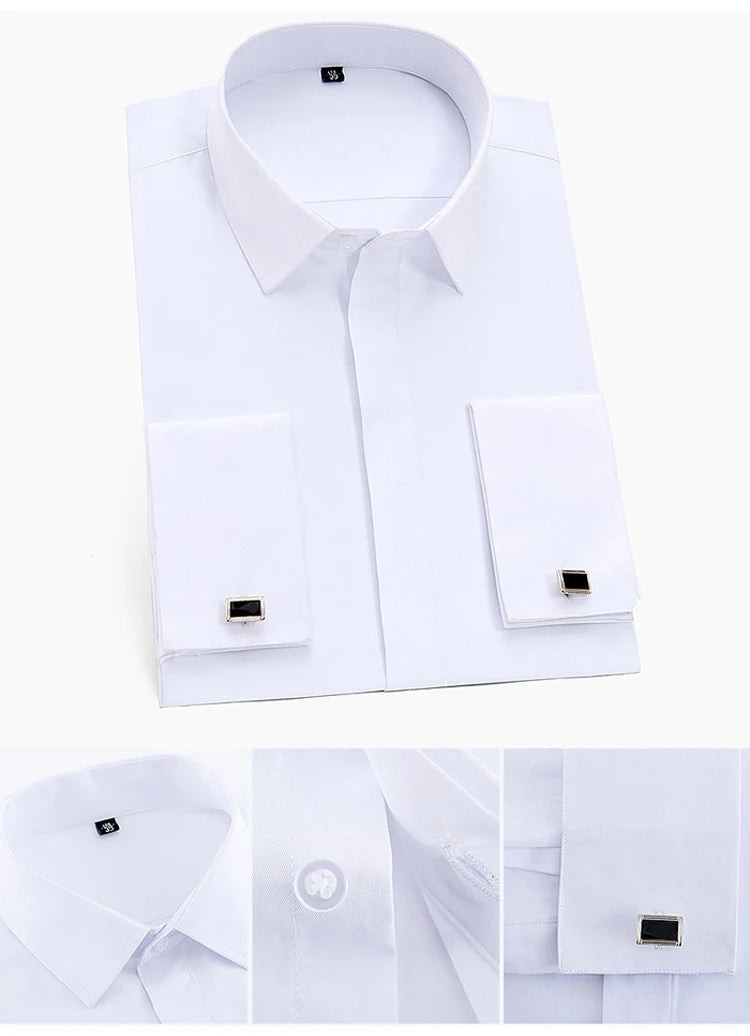 Camisa de vestir clásica para hombre, color liso, con puños franceses, cierre frontal, estilo formal, de negocios, corte estándar, manga larga, para oficina y trabajo, color blanco
