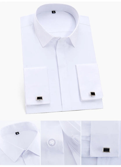 Camisa de vestir clásica para hombre, color liso, con puños franceses, cierre frontal, estilo formal, de negocios, corte estándar, manga larga, para oficina y trabajo, color blanco