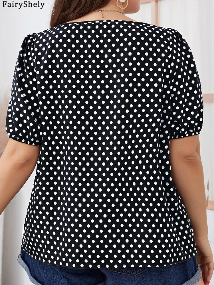 Fairyshely 2025 Summer Casual Print Plus Size Top Women Square Collar Loose Large T-shirt Lady Short Sleeve Elegant Curvy Tops