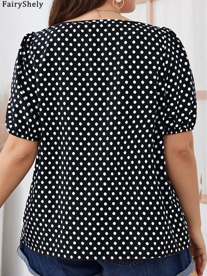 Fairyshely 2025 Summer Casual Print Plus Size Top Women Square Collar Loose Large T-shirt Lady Short Sleeve Elegant Curvy Tops