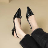 2024 New Summer French Wine Red Pointed Patent Leather Mid-Heel Overhead Sandals for Women Retro Skinny Heel Open-Back Shoes