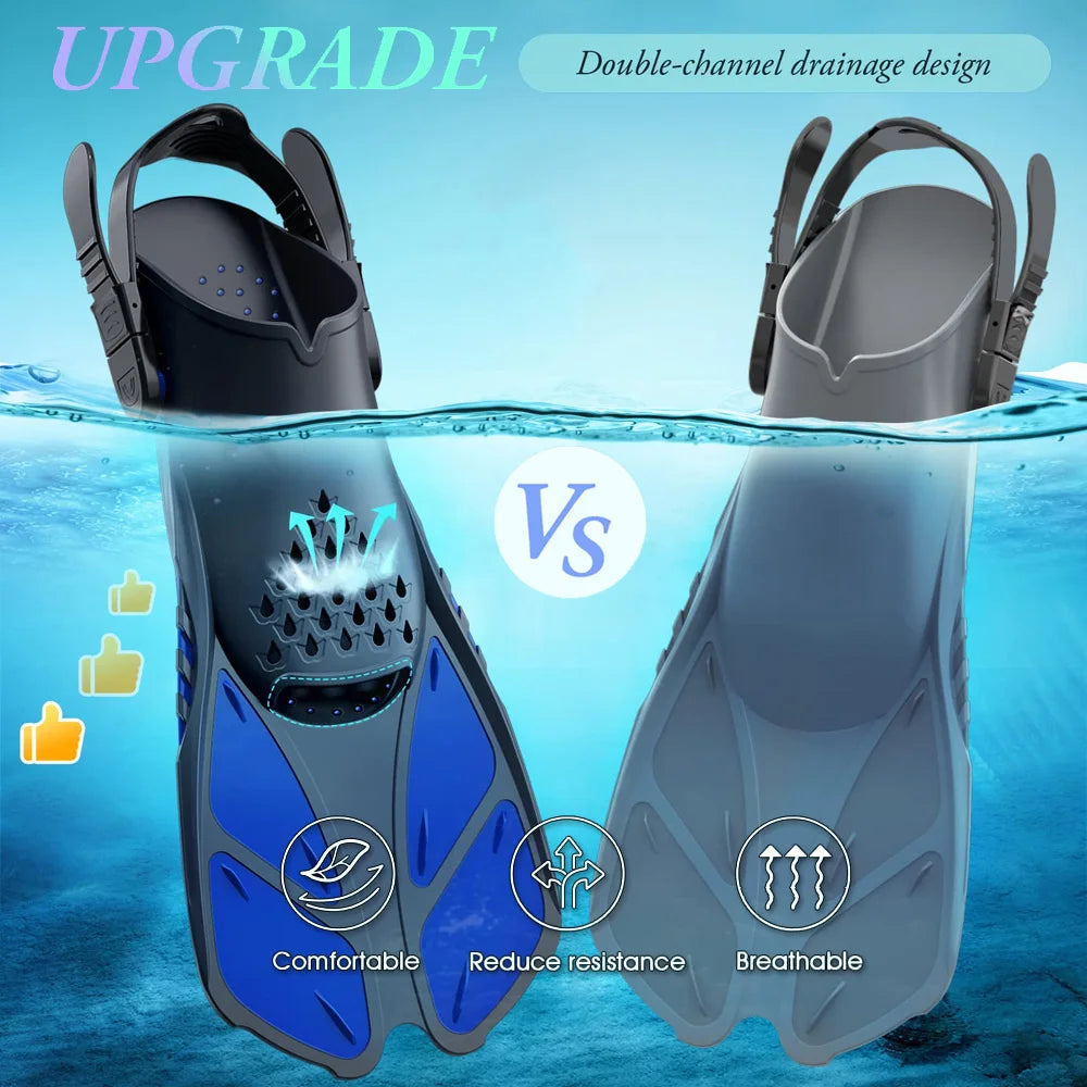 Aletas de snorkel con hebillas ajustables, aletas de natación cortas de silicona, zapatos de buceo con tacón abierto, talla de viaje, para adultos, hombres y mujeres