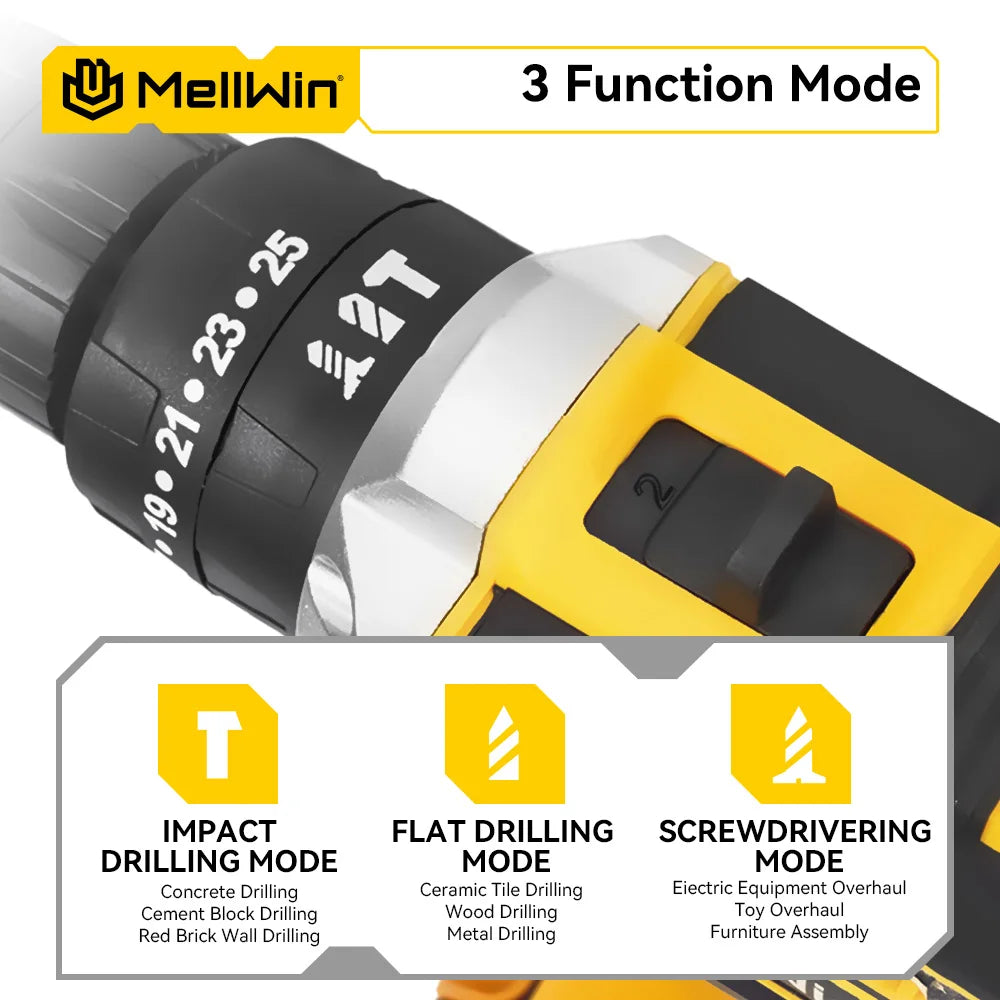 MELLWIN 25+3 Torque Electric Impact Drill 2 Gear Speed Adjustable Cordless Electric Screwdriver Power Tool For 21V-18V Battery