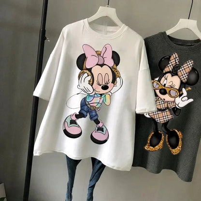 Disney Kawaii Women T-shirts Fashion New 90s Vintage Cartoon Mickey Minnie Top Y2K Female Ulzzang Oversized Cotton T-shirt