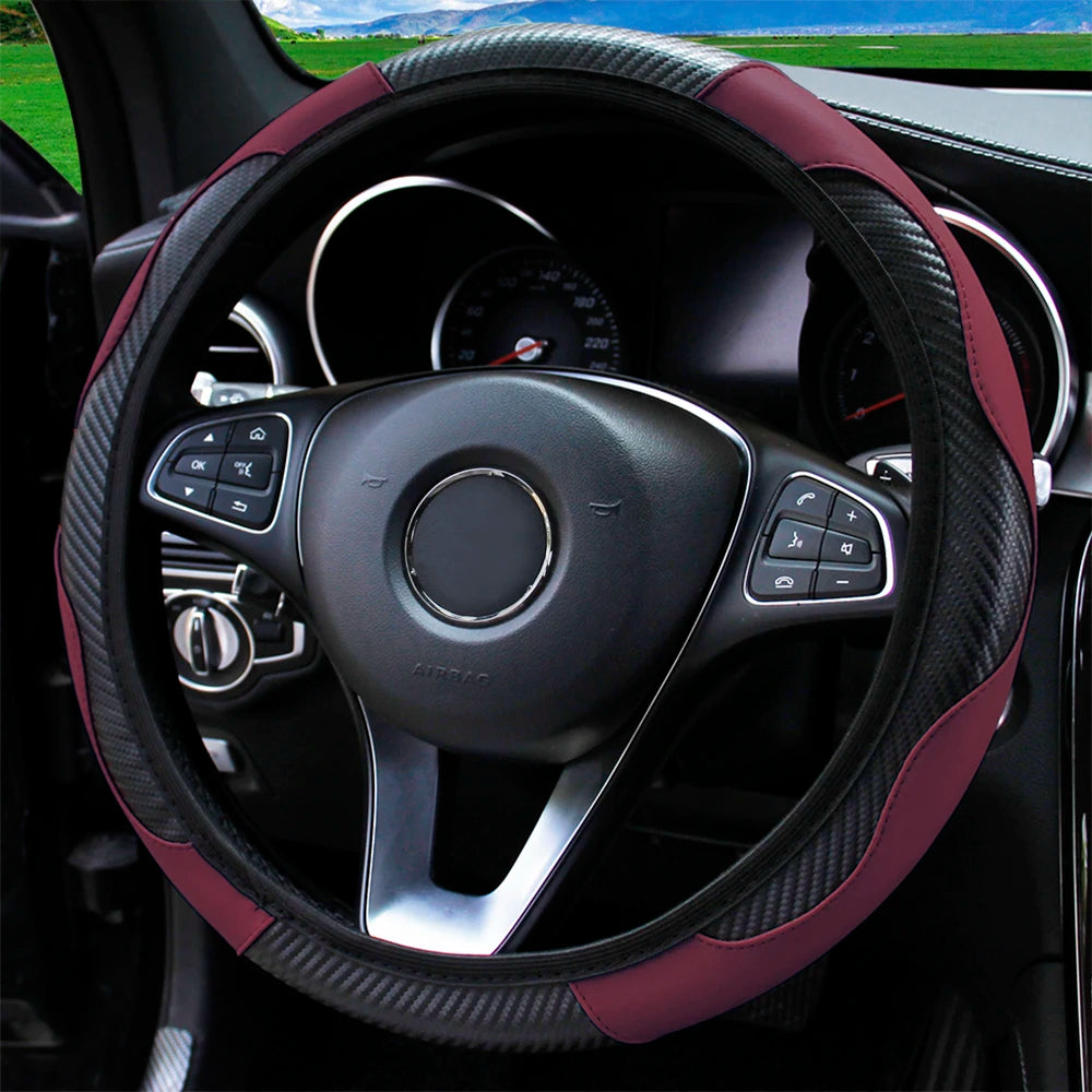 PU Carbon Fiber Leather Car Steering Wheel Cover without Inner Ring Suitable for 14.5-15 Inches Auto Supplies
