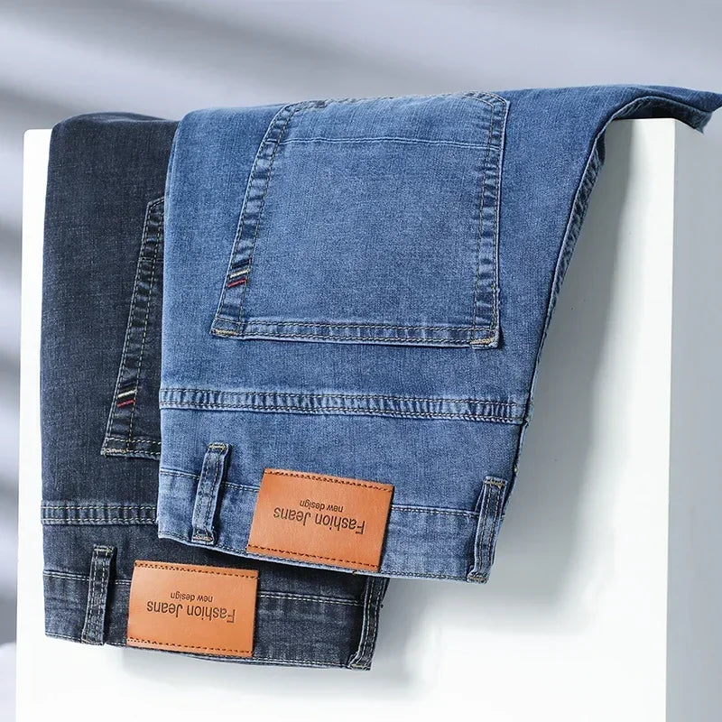 2024 Brand Thin or Thick Material Men's Elastic Cotton Jeans Fashion Gray Comfortable Denim Business Casual High Waist Pants